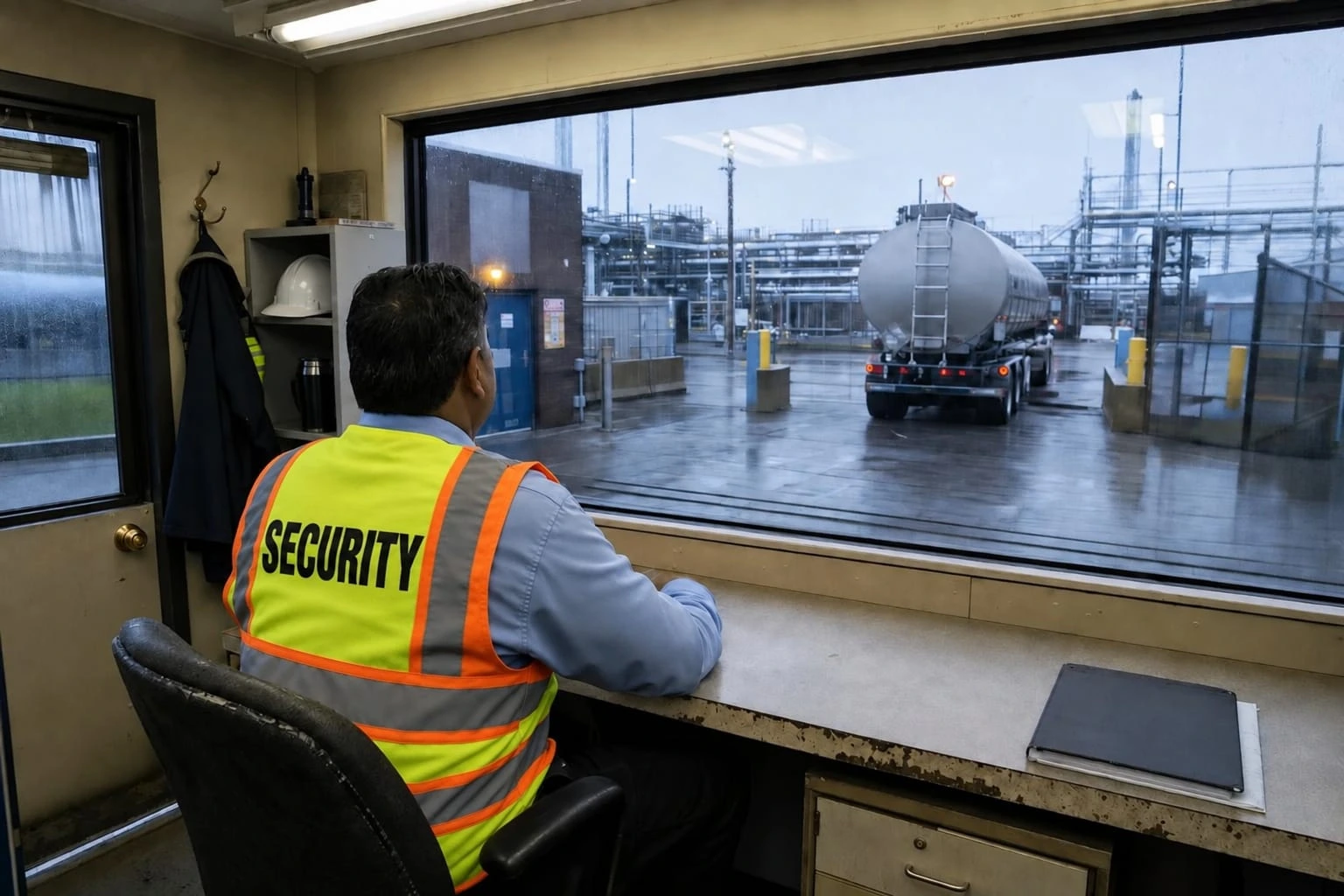 A-AARON guard checking a secured petrochemical perimeter gate in misty morning light