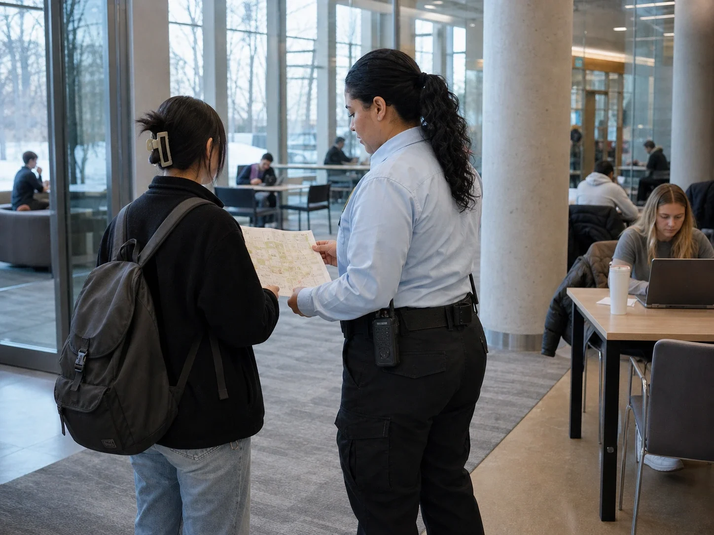 A-AARON guard helping a student with directions in an occupied campus study space