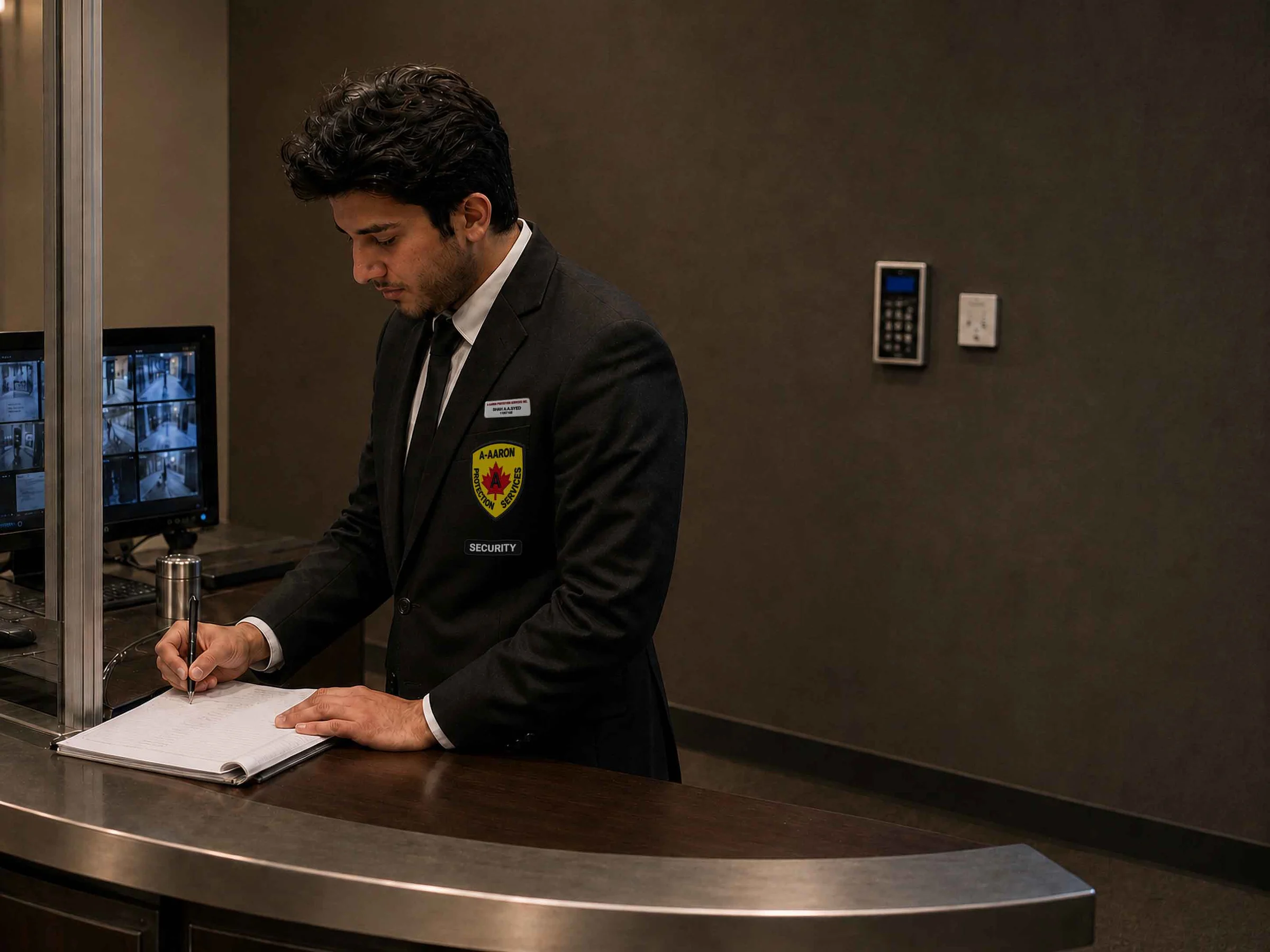 A-AARON condominium security guard recording a delivery at a lobby desk