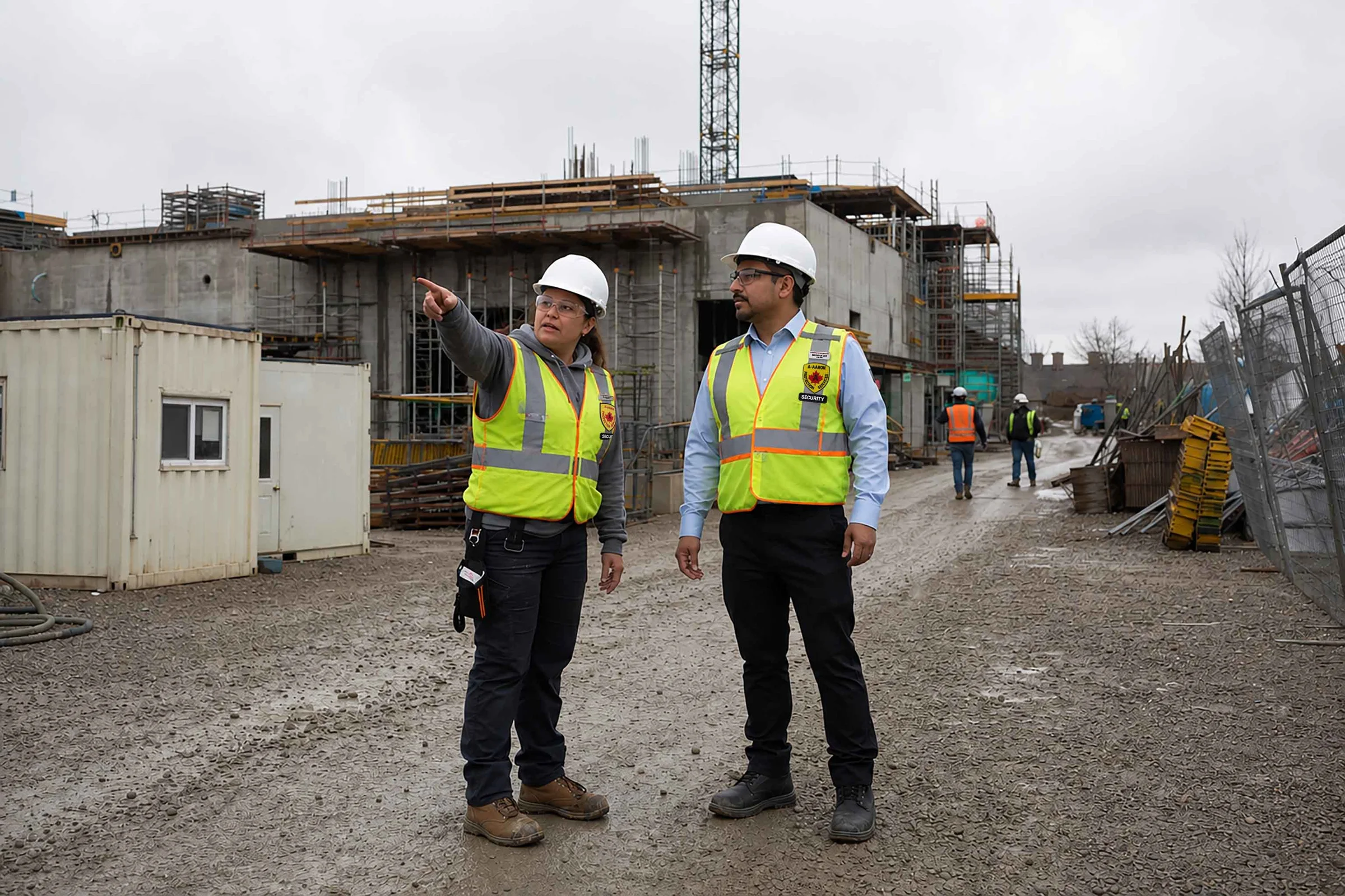 A-AARON guard listening as a construction foreperson points out a delivery area