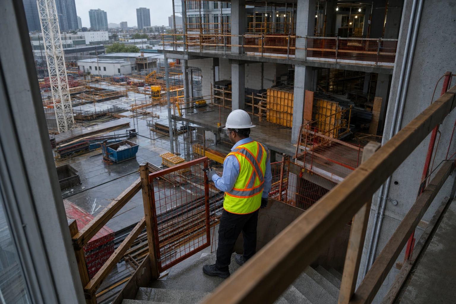 A-AARON security guard inspecting an elevated area of an active construction site