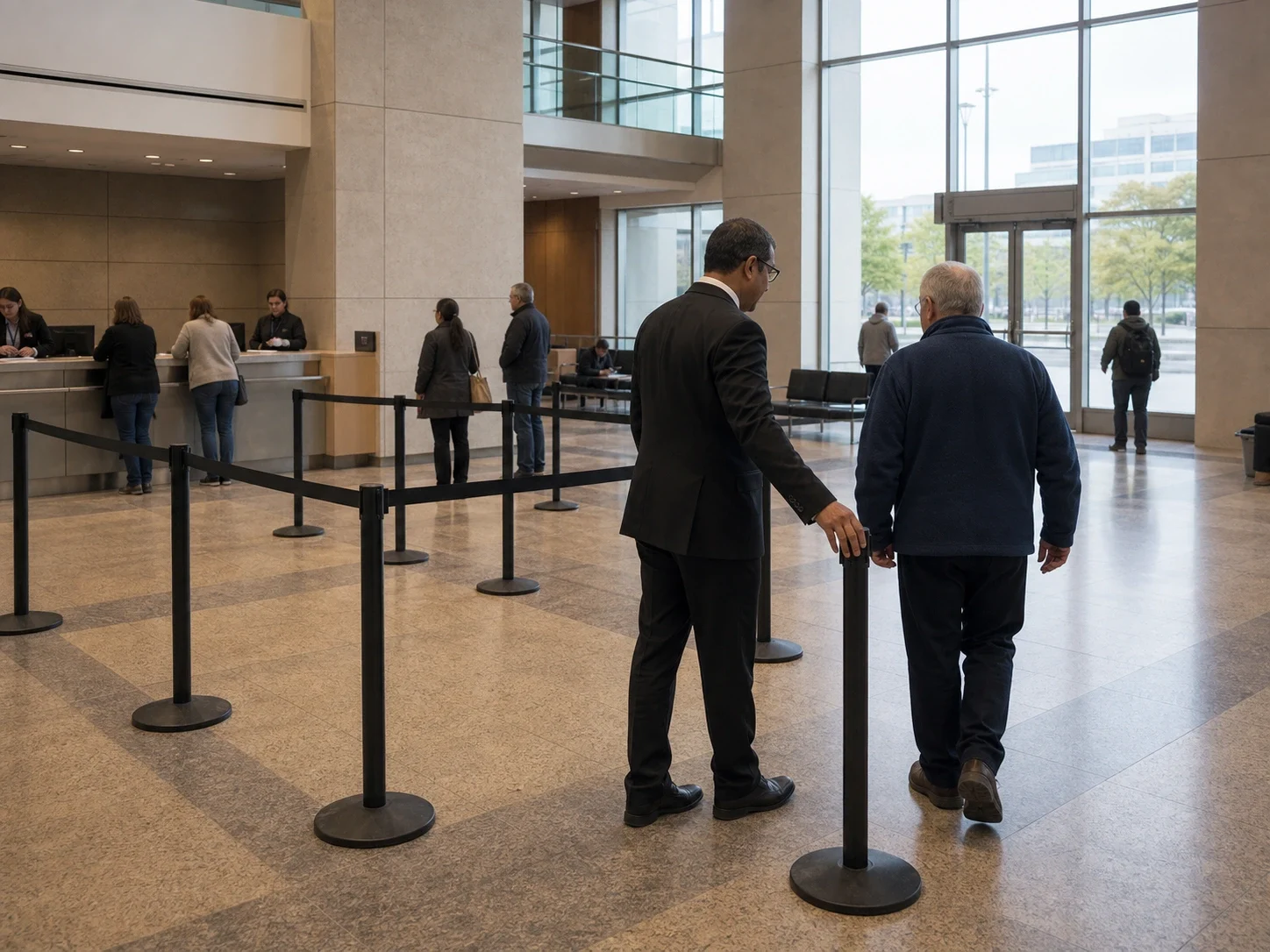 A-AARON security guard opening an accessible queue lane inside a civic facility