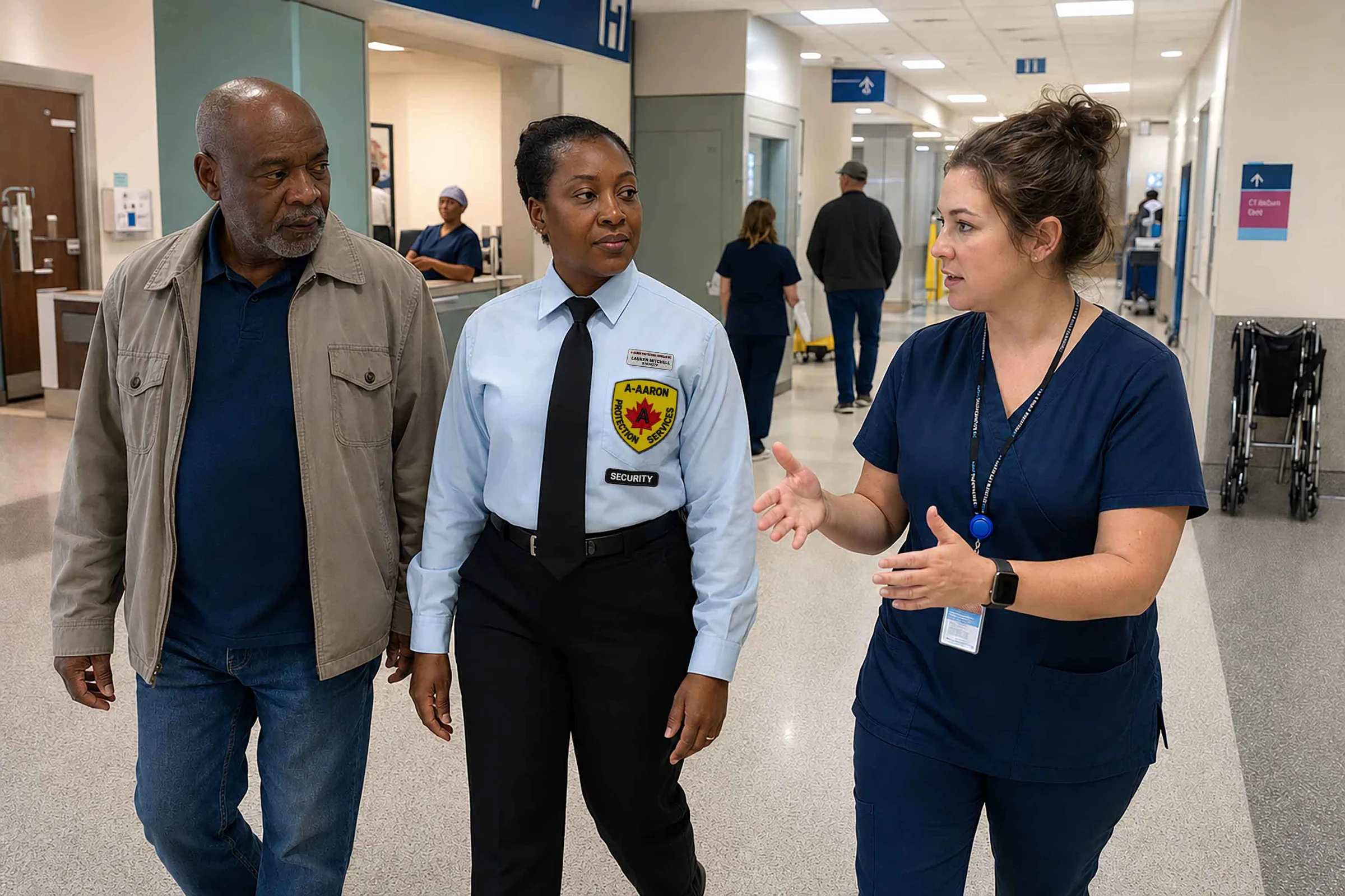 A-AARON guard walking with a nurse and visitor through a hospital concourse