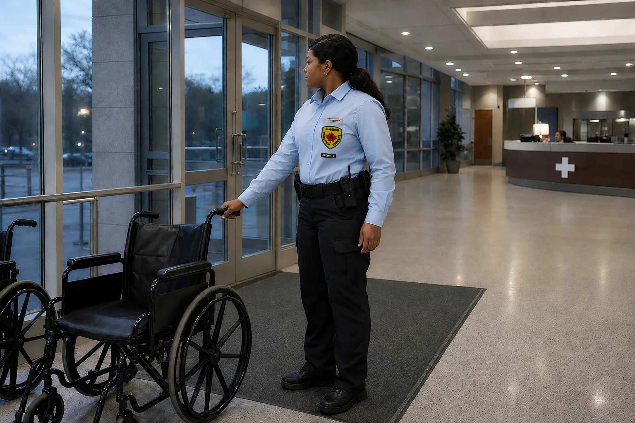 A-AARON security guard guiding a wheelchair through a healthcare facility lobby