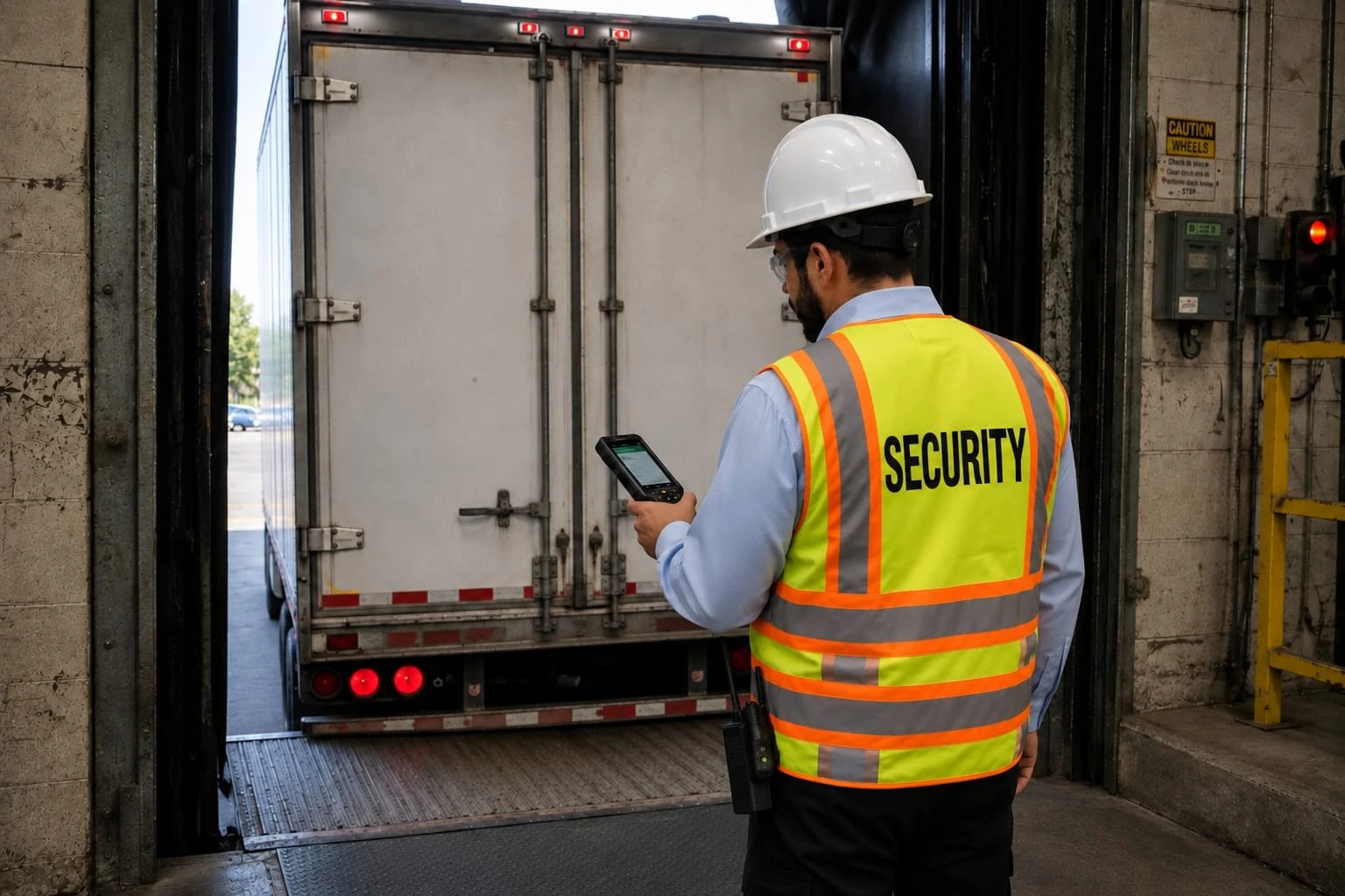 A-AARON guard checking a secured trailer seal inside a warehouse