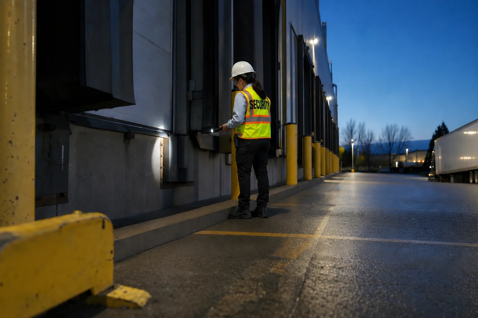 A-AARON guard inspecting a loading dock during an evening exterior patrol