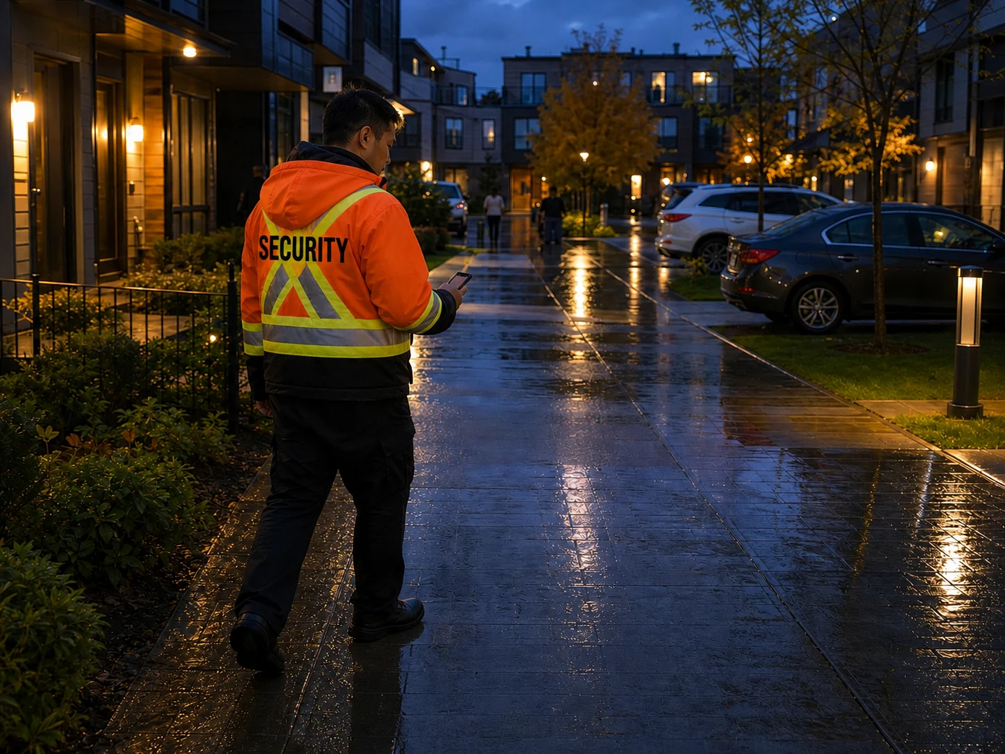 A-AARON guard checking a handheld device during a wet evening community patrol
