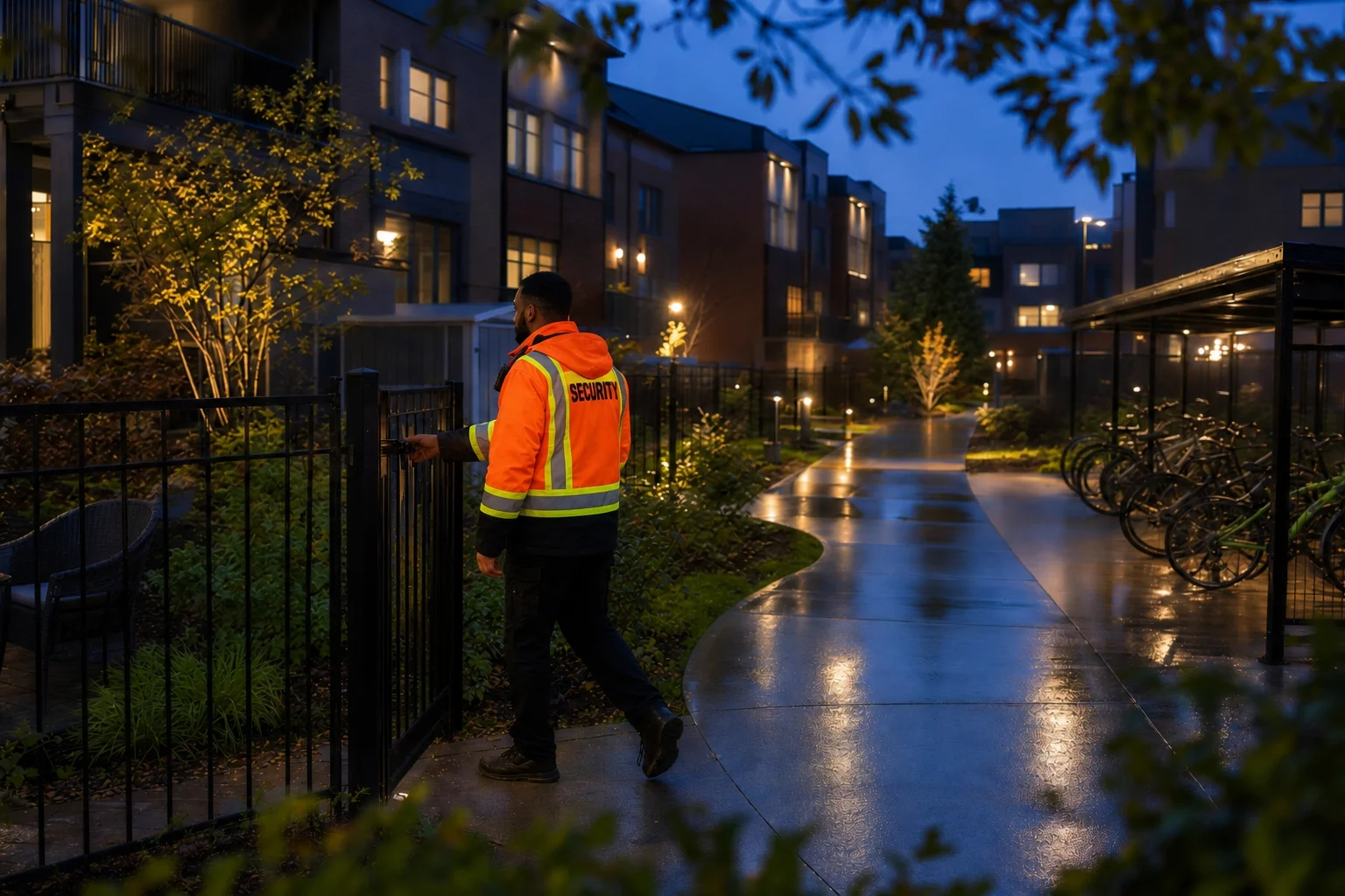 A-AARON security guard patrolling a residential community walkway at dusk