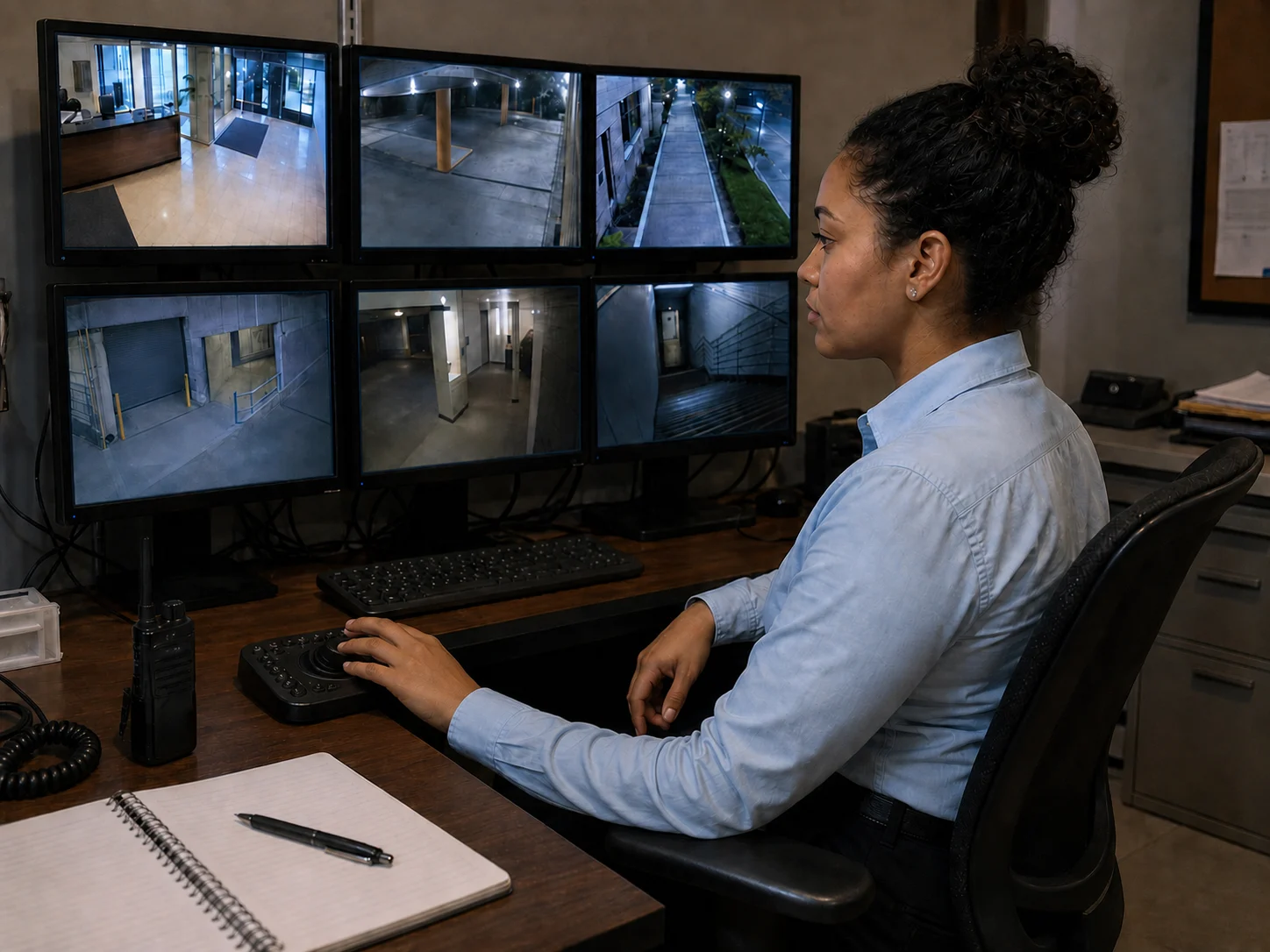 A-AARON security guard monitoring six CCTV camera feeds from a security desk
