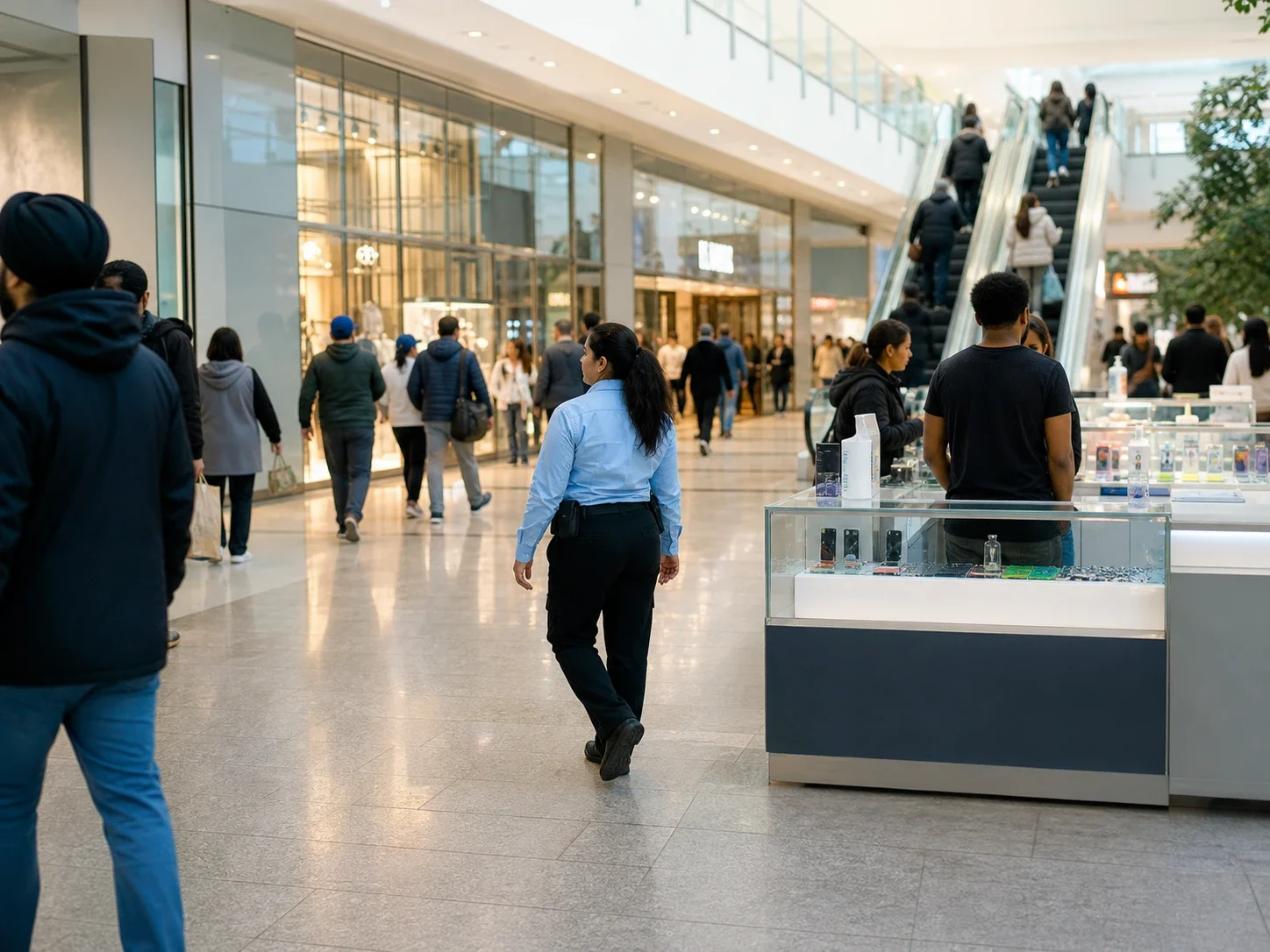 A-AARON security guard maintaining a visible presence in a busy shopping center